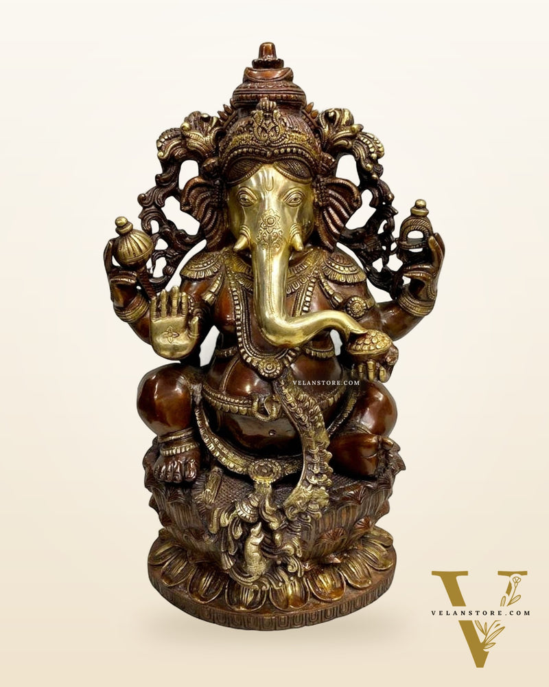 Ganapathi Handcrafted Superfine Brass Statue - 24" Dual-Tone Brown Gold Vintage