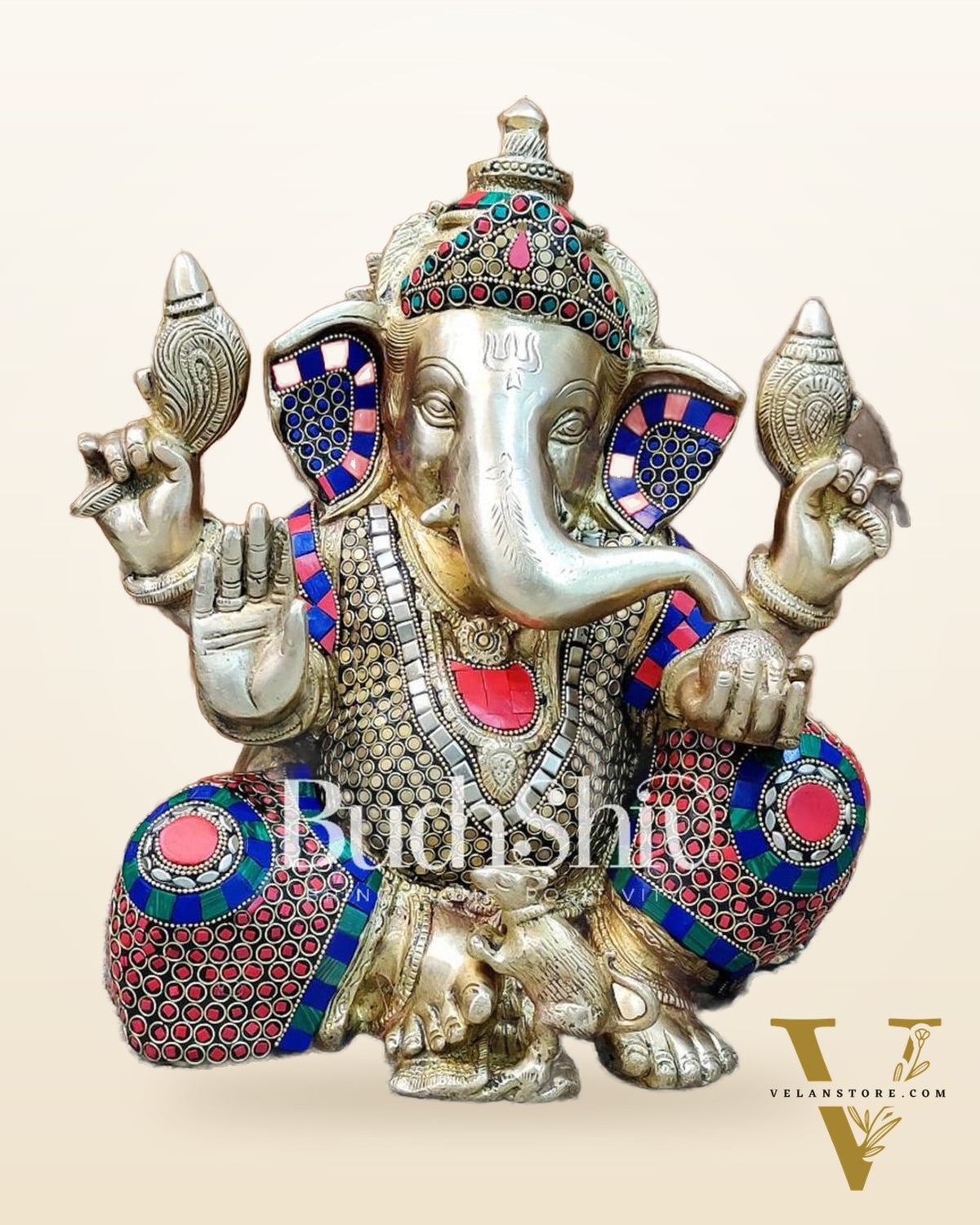 Ganapati Aashirwad Idol with Extraordinary with Natural Stones Handwork 13"