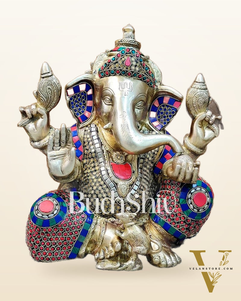 Ganapati Aashirwad Idol with Extraordinary with Natural Stones Handwork 13"