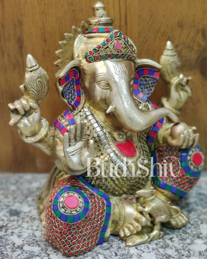 Ganapati Aashirwad Idol with Extraordinary with Natural Stones Handwork 13"