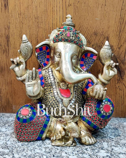 Ganapati Aashirwad Idol with Extraordinary with Natural Stones Handwork 13"