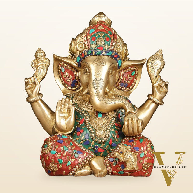 Ganapati Brass Idol 12.5 inch with stonework
