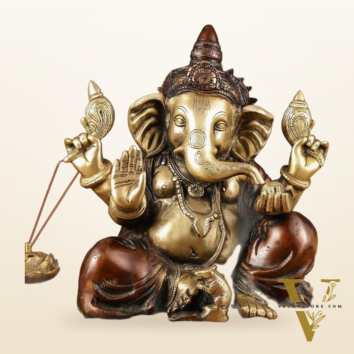 Ganapati Brass Idol - Extraordinary Double Chola Finish, 13" Height