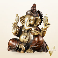 Ganapati Brass Idol - Extraordinary Double Chola Finish, 13" Height