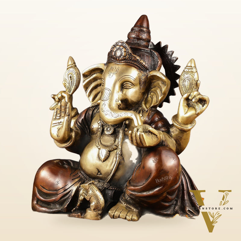 Ganapati Brass Idol - Extraordinary Double Chola Finish, 13" Height