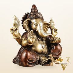 Ganapati Brass Idol - Extraordinary Double Chola Finish, 13" Height
