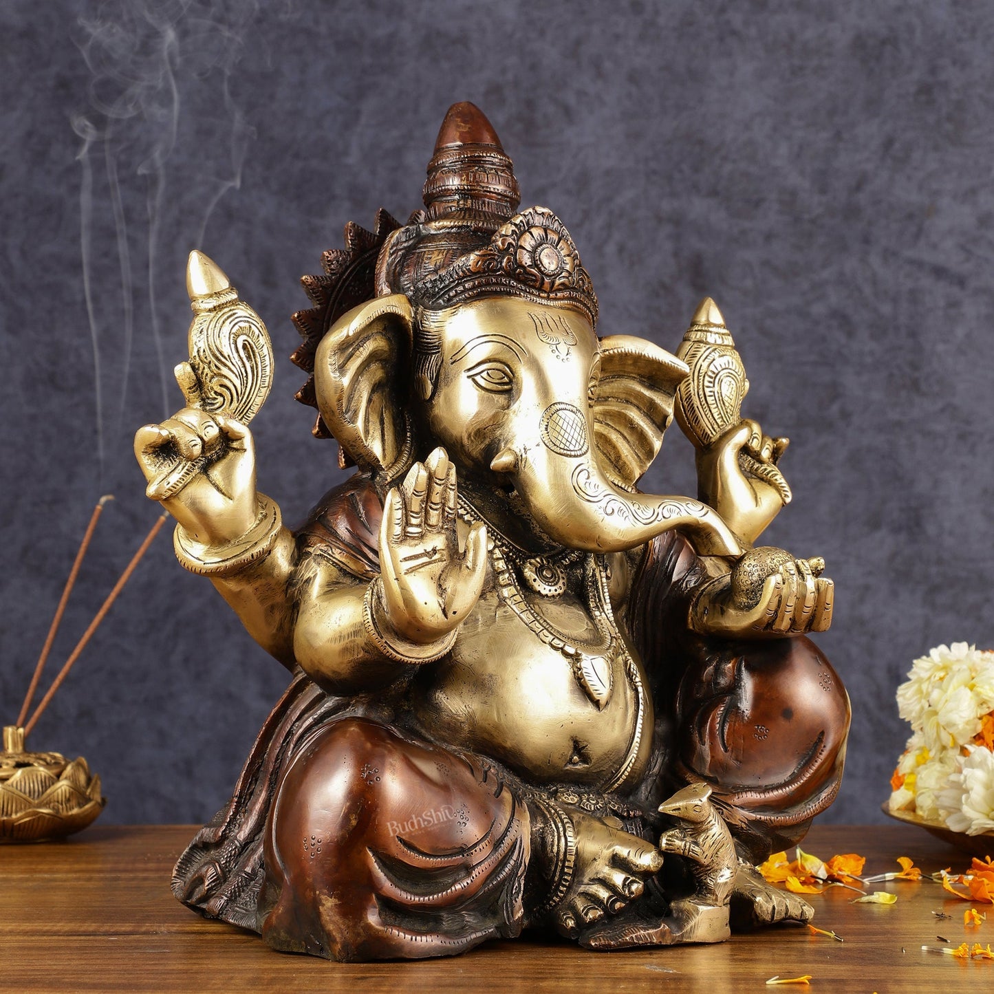 Ganapati Brass Idol - Extraordinary Double Chola Finish, 13" Height