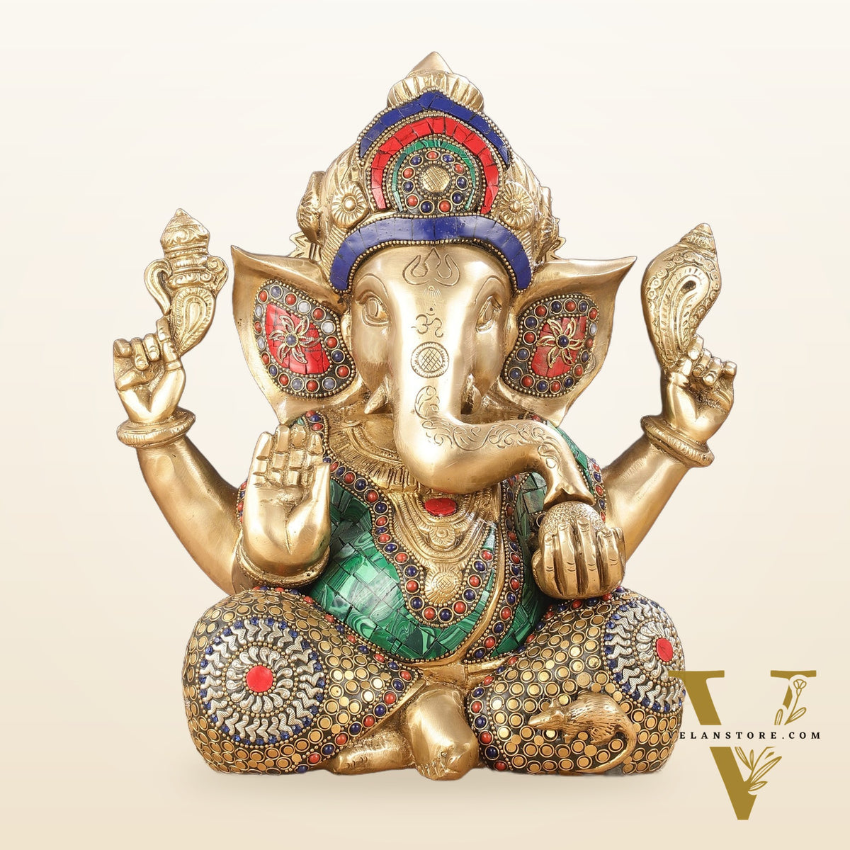 Ganapati Brass Idol with Intricate Stonework 12"
