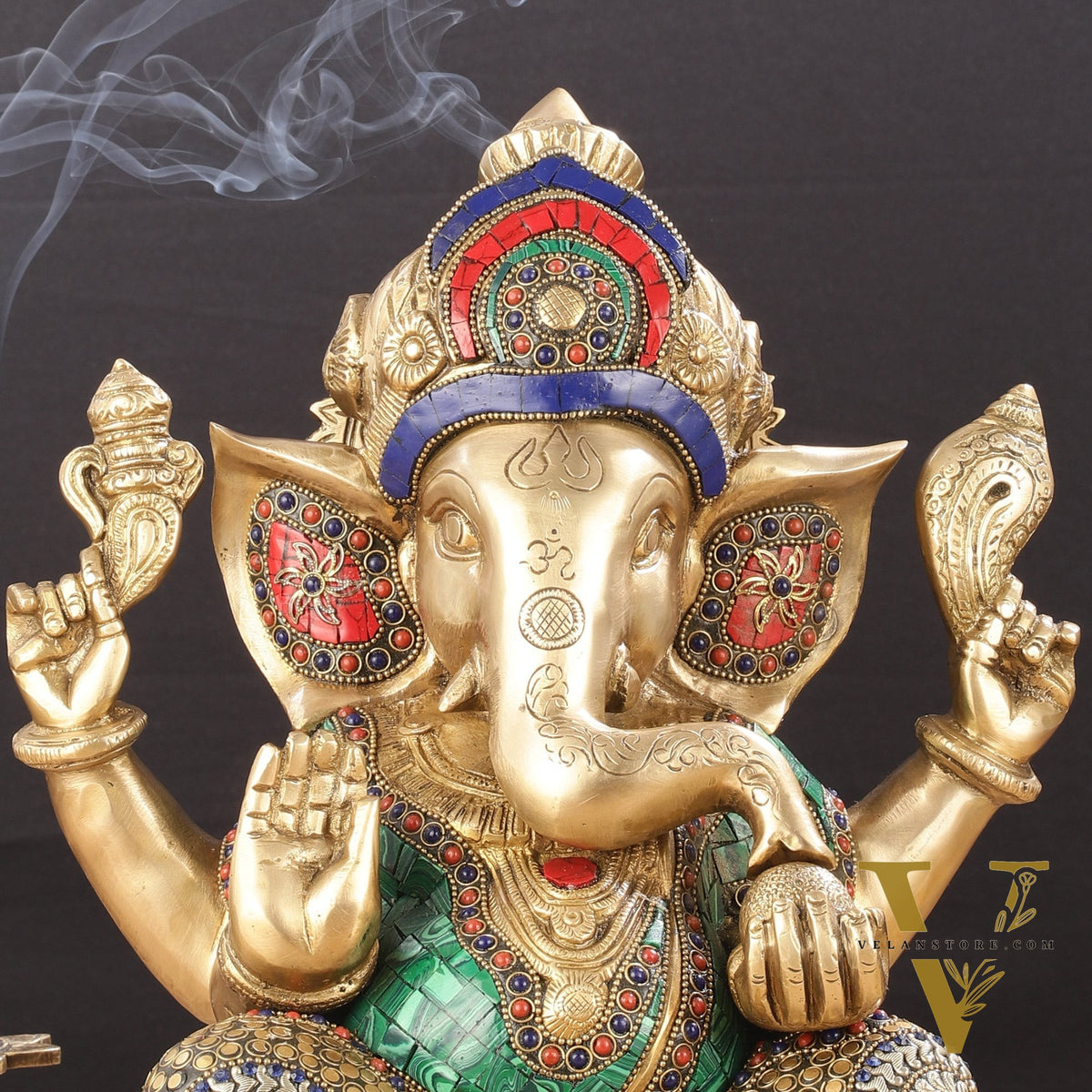 Ganapati Brass Idol with Intricate Stonework 12"