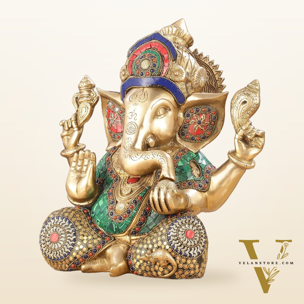 Ganapati Brass Idol with Intricate Stonework 12"