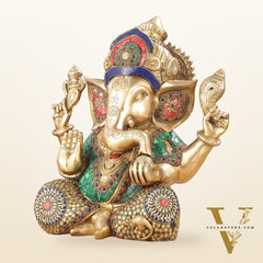 Ganapati Brass Idol with Intricate Stonework 12"