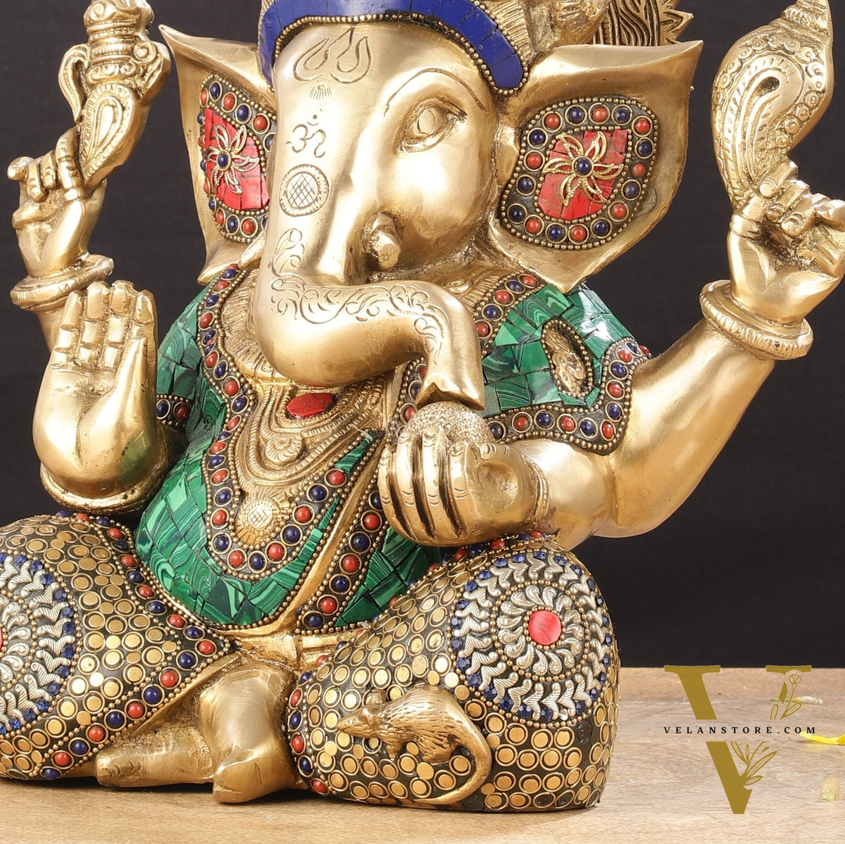 Ganapati Brass Idol with Intricate Stonework 12"