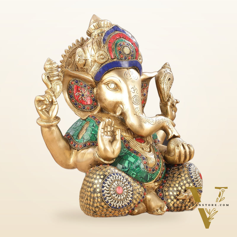 Ganapati Brass Idol with Intricate Stonework 12"