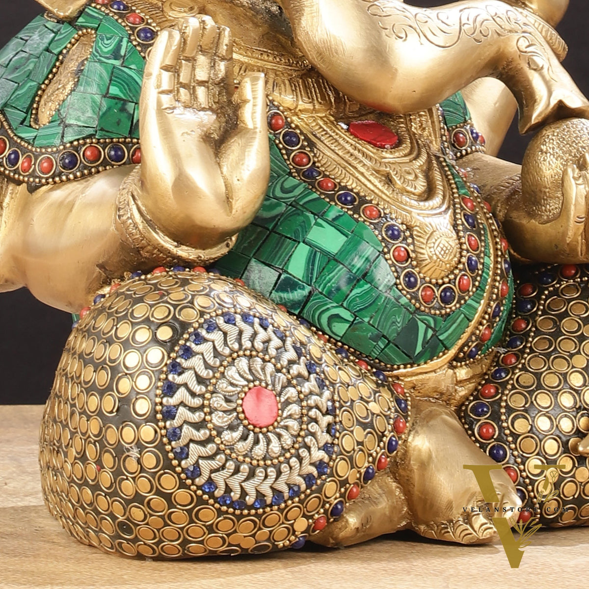 Ganapati Brass Idol with Intricate Stonework 12"