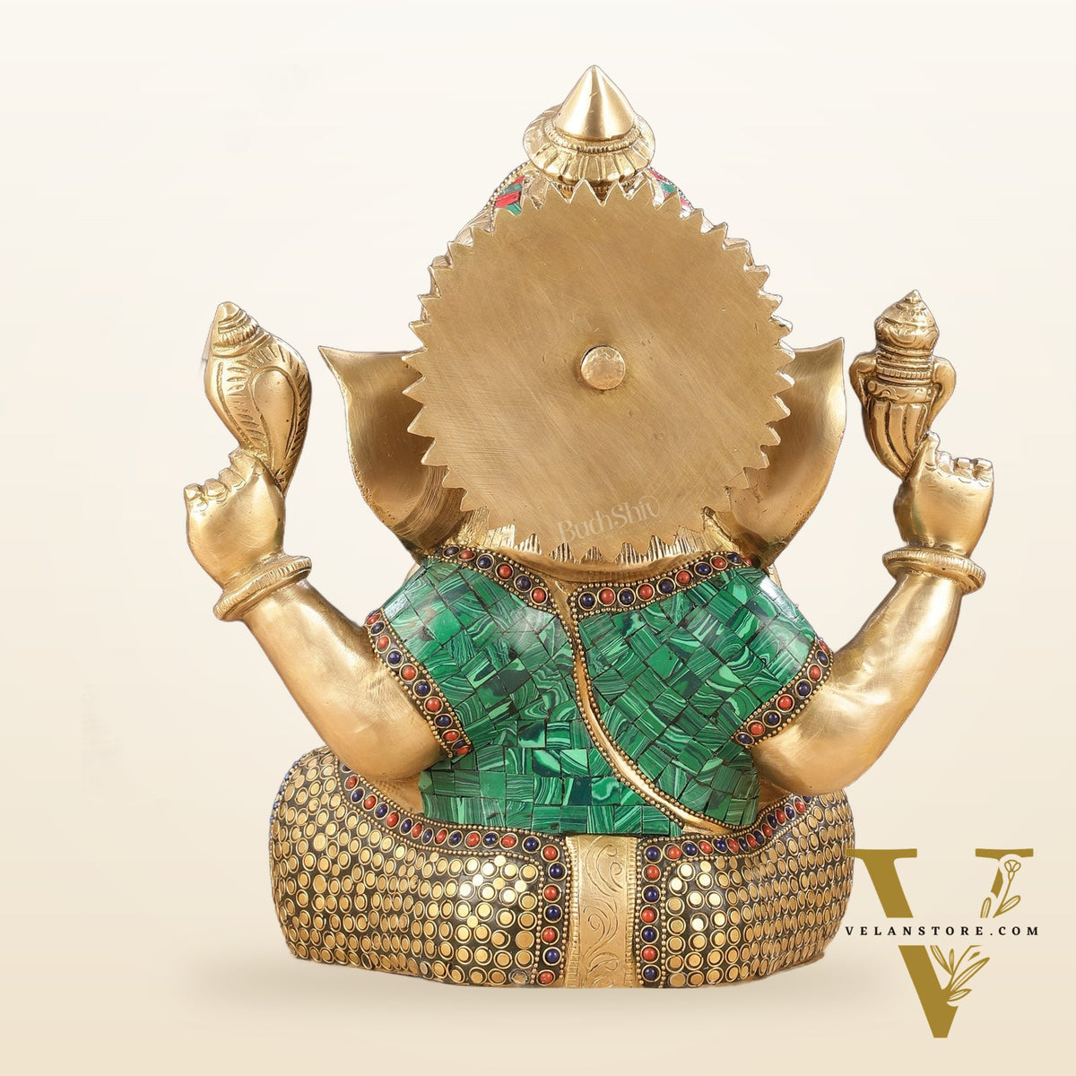 Ganapati Brass Idol with Intricate Stonework 12"
