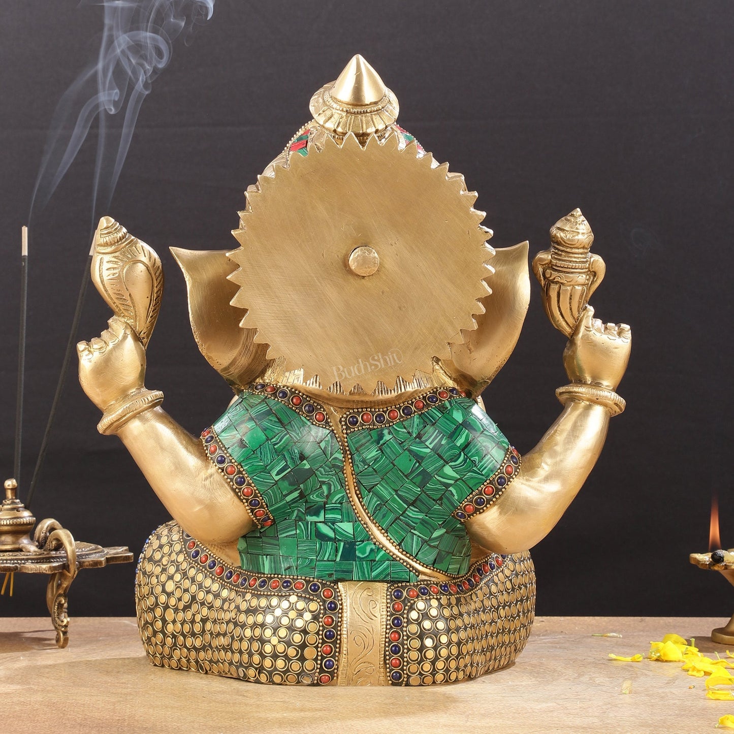 Ganapati Brass Idol with Intricate Stonework 12"