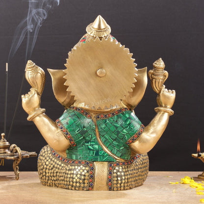 Ganapati Brass Idol with Intricate Stonework 12"