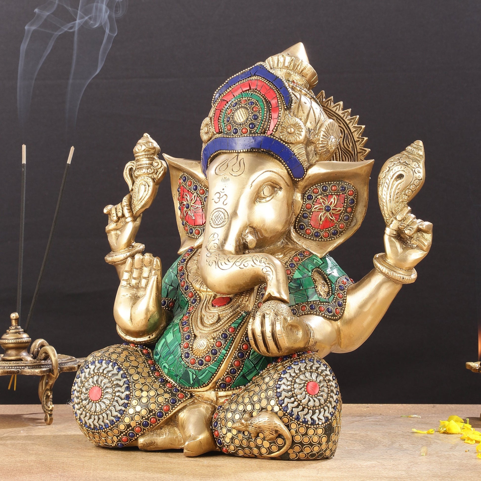 Ganapati Brass Idol with Intricate Stonework 12"