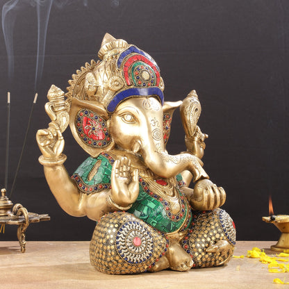 Ganapati Brass Idol with Intricate Stonework 12"