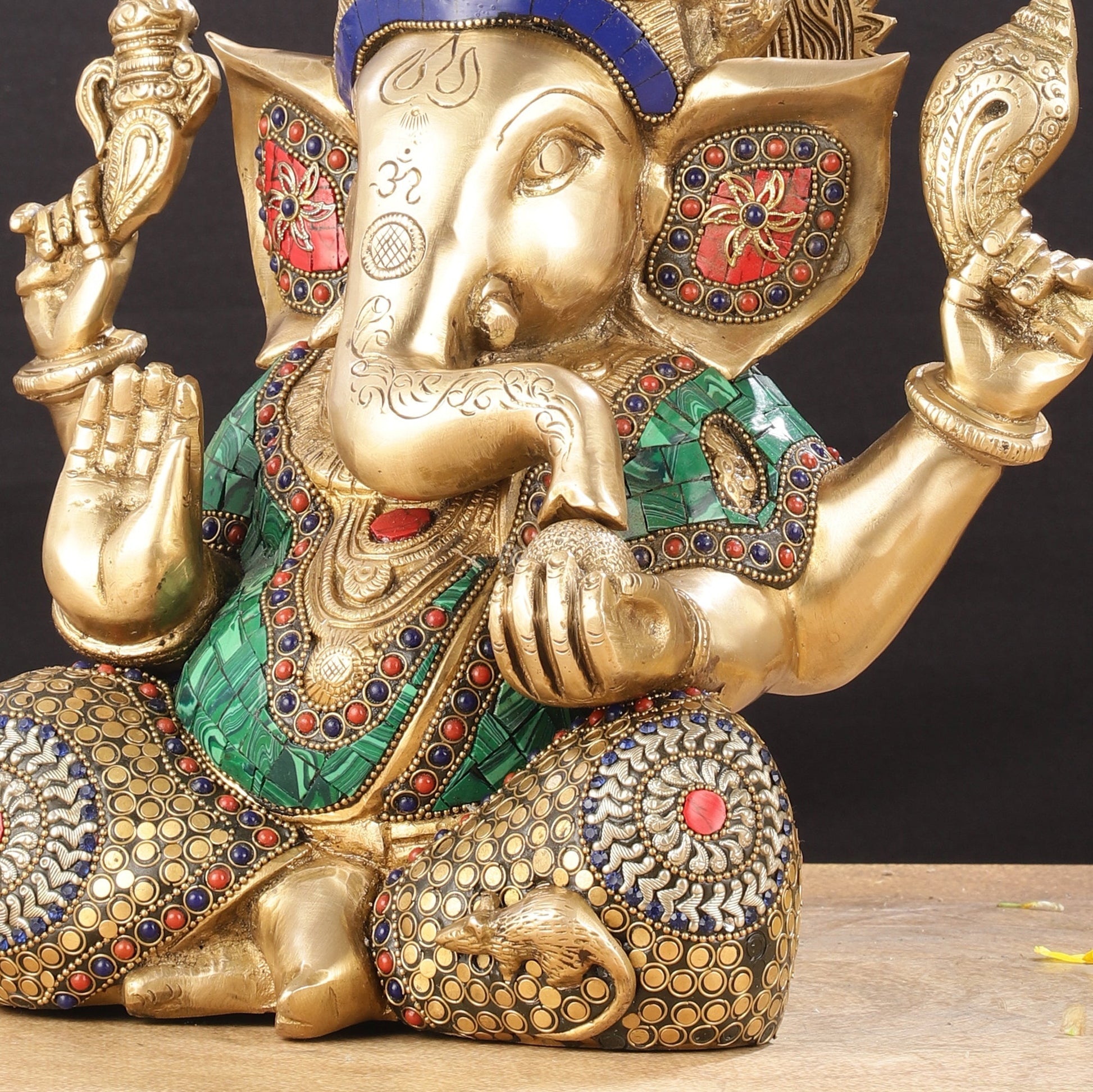 Ganapati Brass Idol with Intricate Stonework 12"