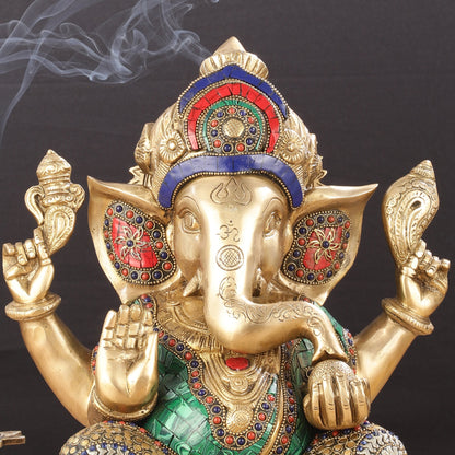 Ganapati Brass Idol with Intricate Stonework 12"