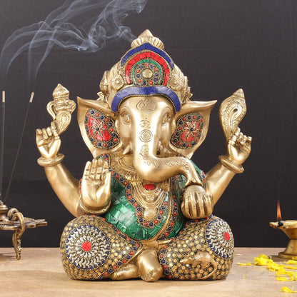 Ganapati Brass Idol with Intricate Stonework 12"