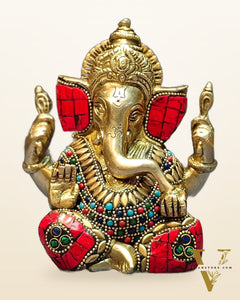 Ganapati brass idol with meenakari stonework 6"
