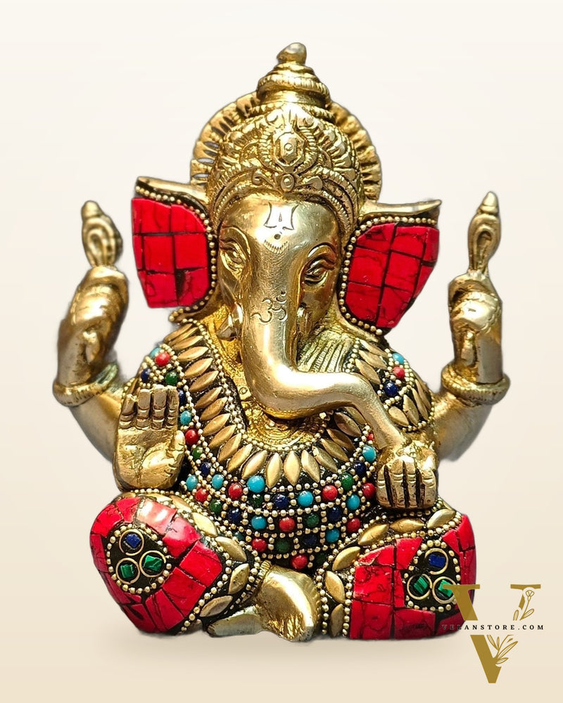 Ganapati brass idol with meenakari stonework 6"