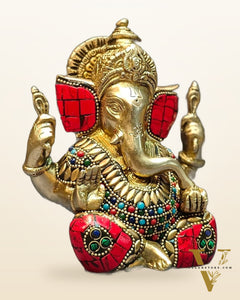 Ganapati brass idol with meenakari stonework 6"