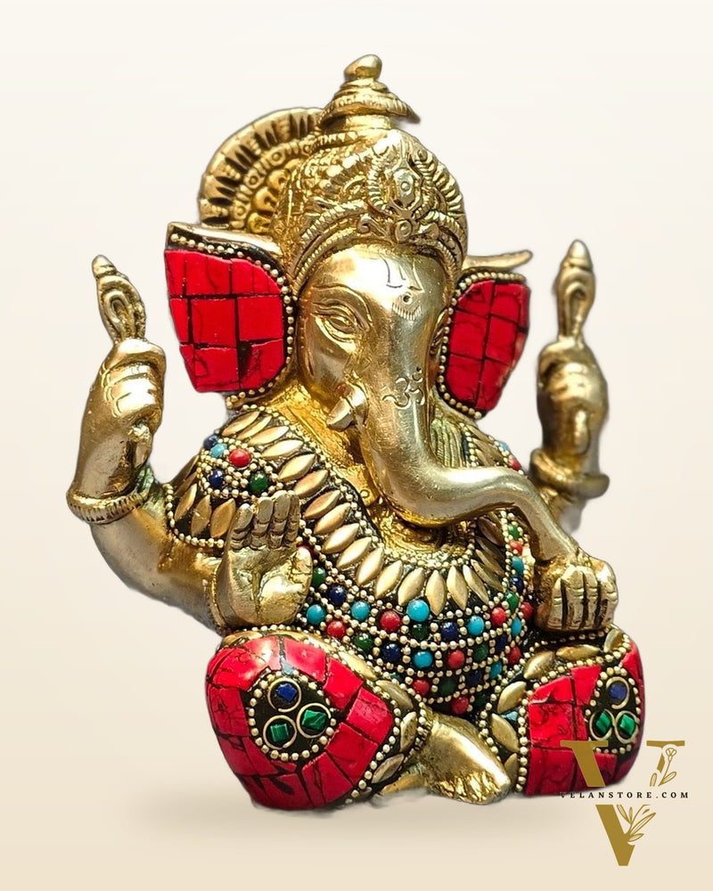 Ganapati brass idol with meenakari stonework 6"