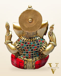 Ganapati brass idol with meenakari stonework 6"
