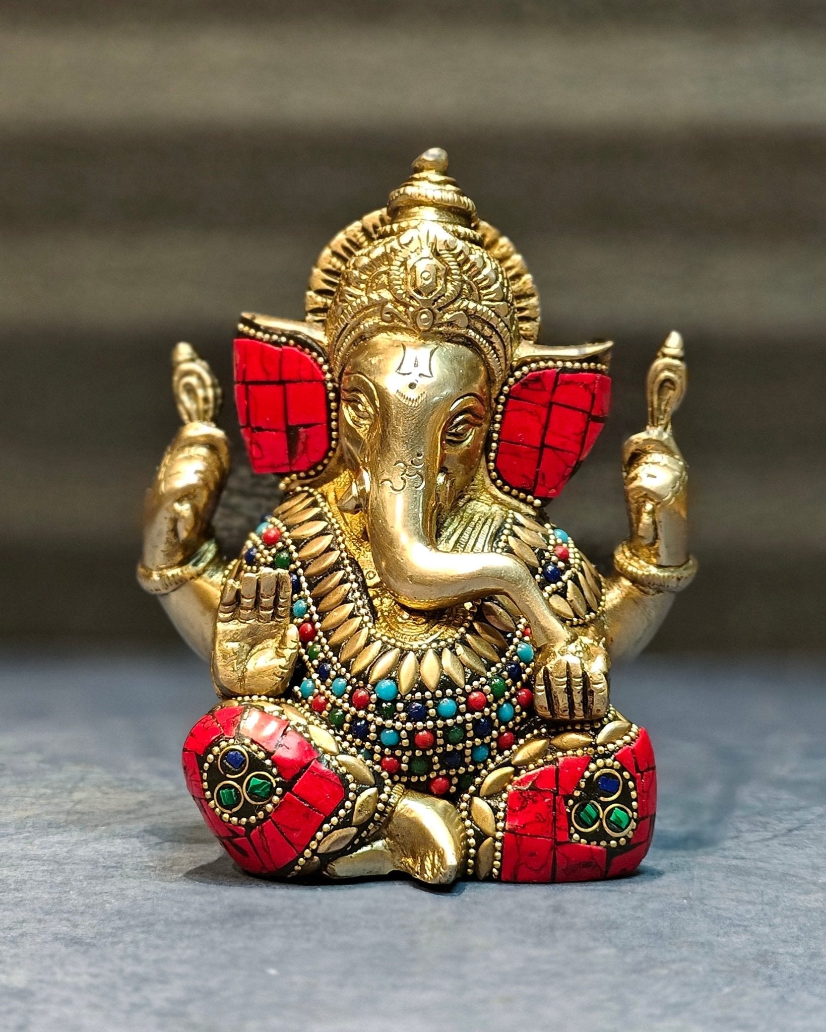 Ganapati brass idol with meenakari stonework 6"