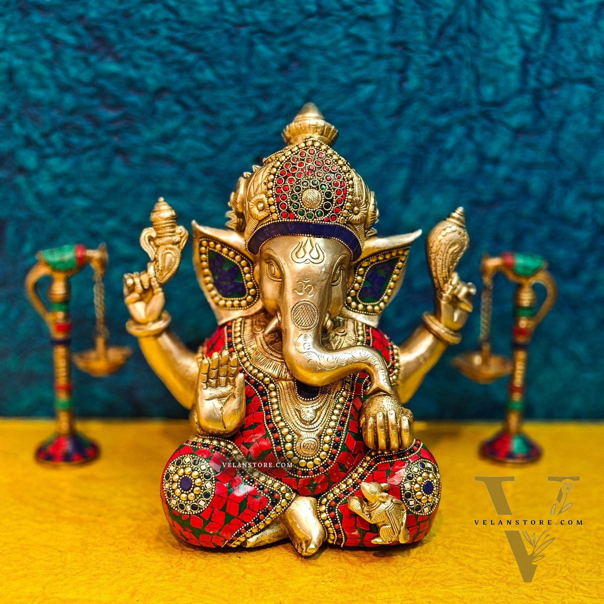 Ganapati Brass Idol with Mosaic Stonework - 12" Height