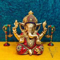 Ganapati Brass Idol with Mosaic Stonework - 12" Height