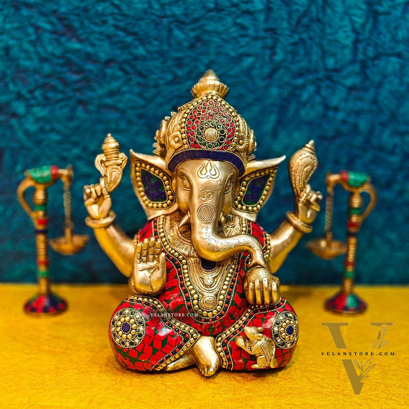 Ganapati Brass Idol with Mosaic Stonework - 12" Height