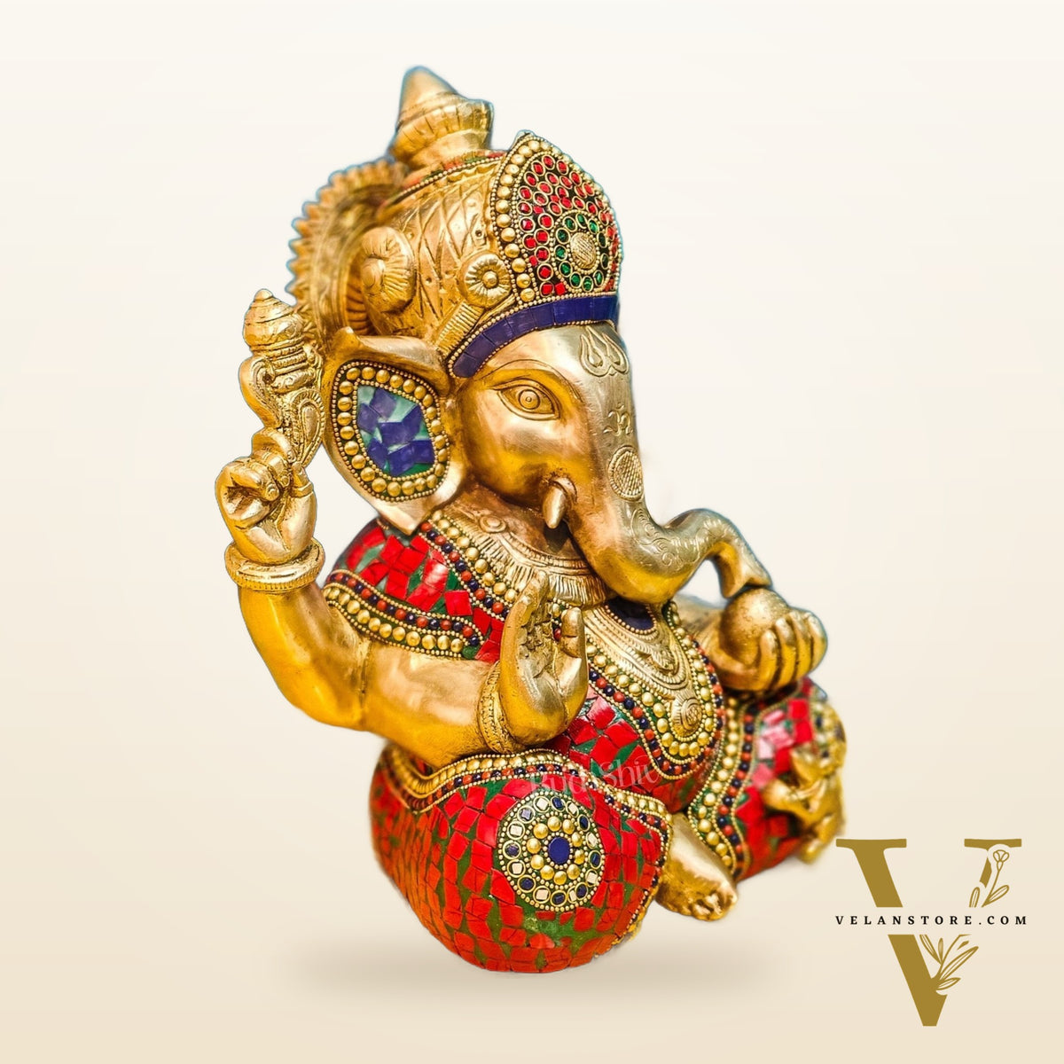 Ganapati Brass Idol with Mosaic Stonework - 12" Height