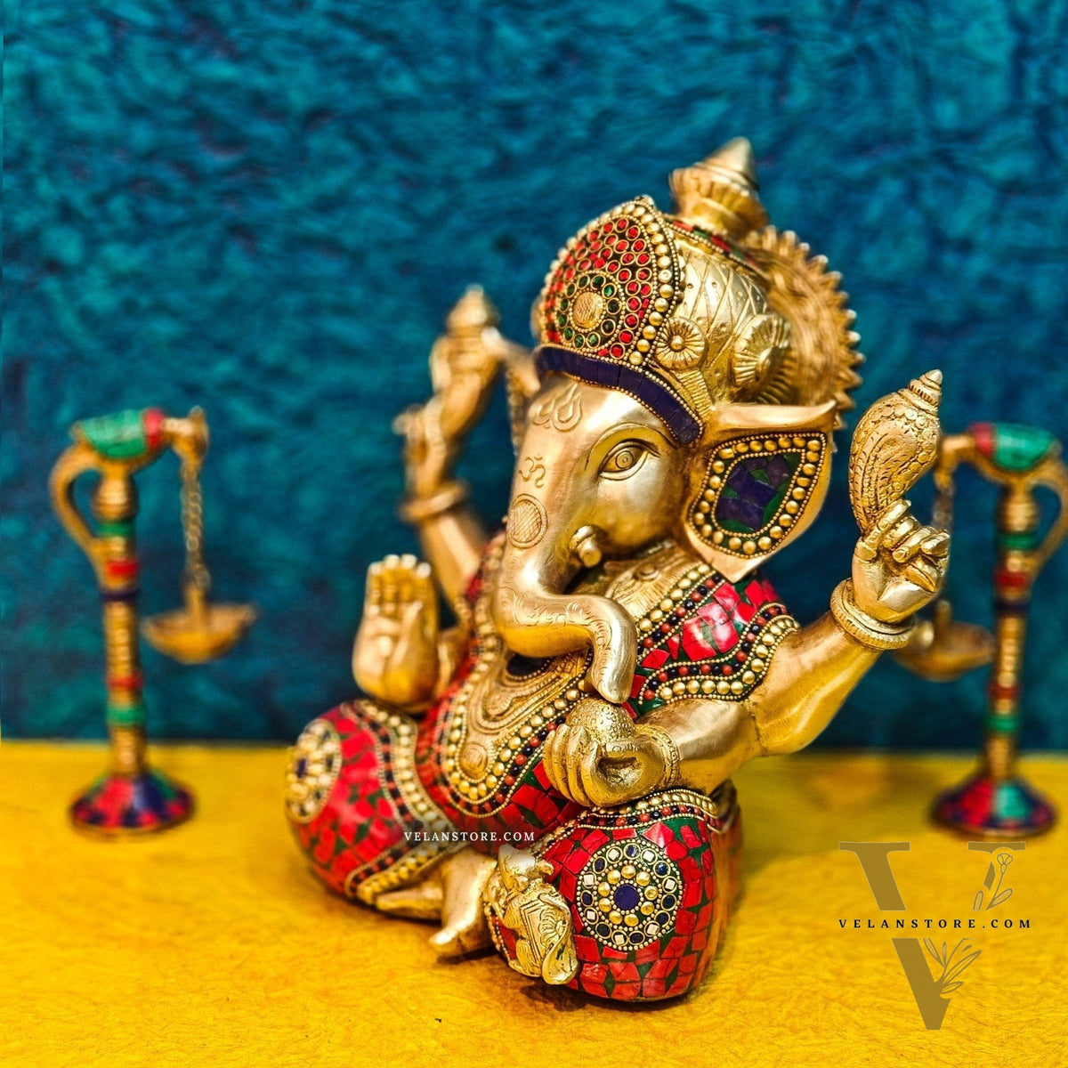 Ganapati Brass Idol with Mosaic Stonework - 12" Height
