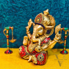 Ganapati Brass Idol with Mosaic Stonework - 12" Height