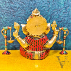 Ganapati Brass Idol with Mosaic Stonework - 12" Height