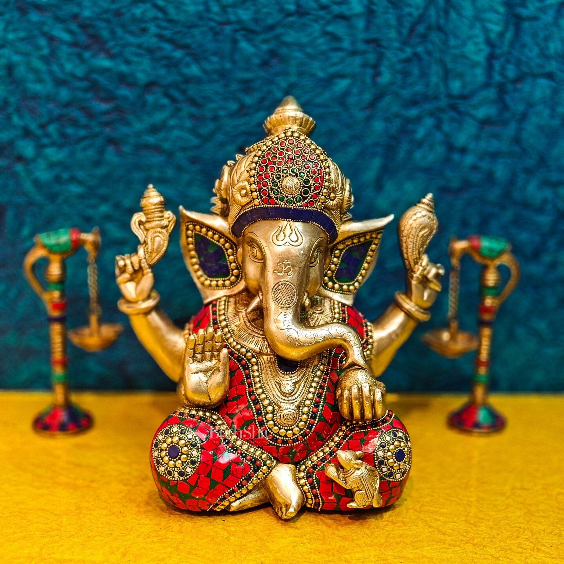 Ganapati Brass Idol with Mosaic Stonework - 12" Height