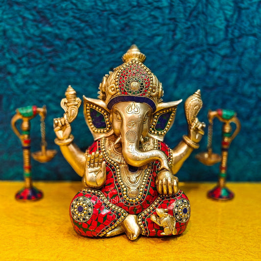 Ganapati Brass Idol with Mosaic Stonework - 12" Height
