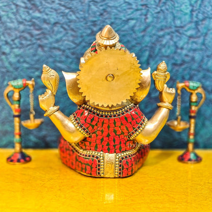 Ganapati Brass Idol with Mosaic Stonework - 12" Height
