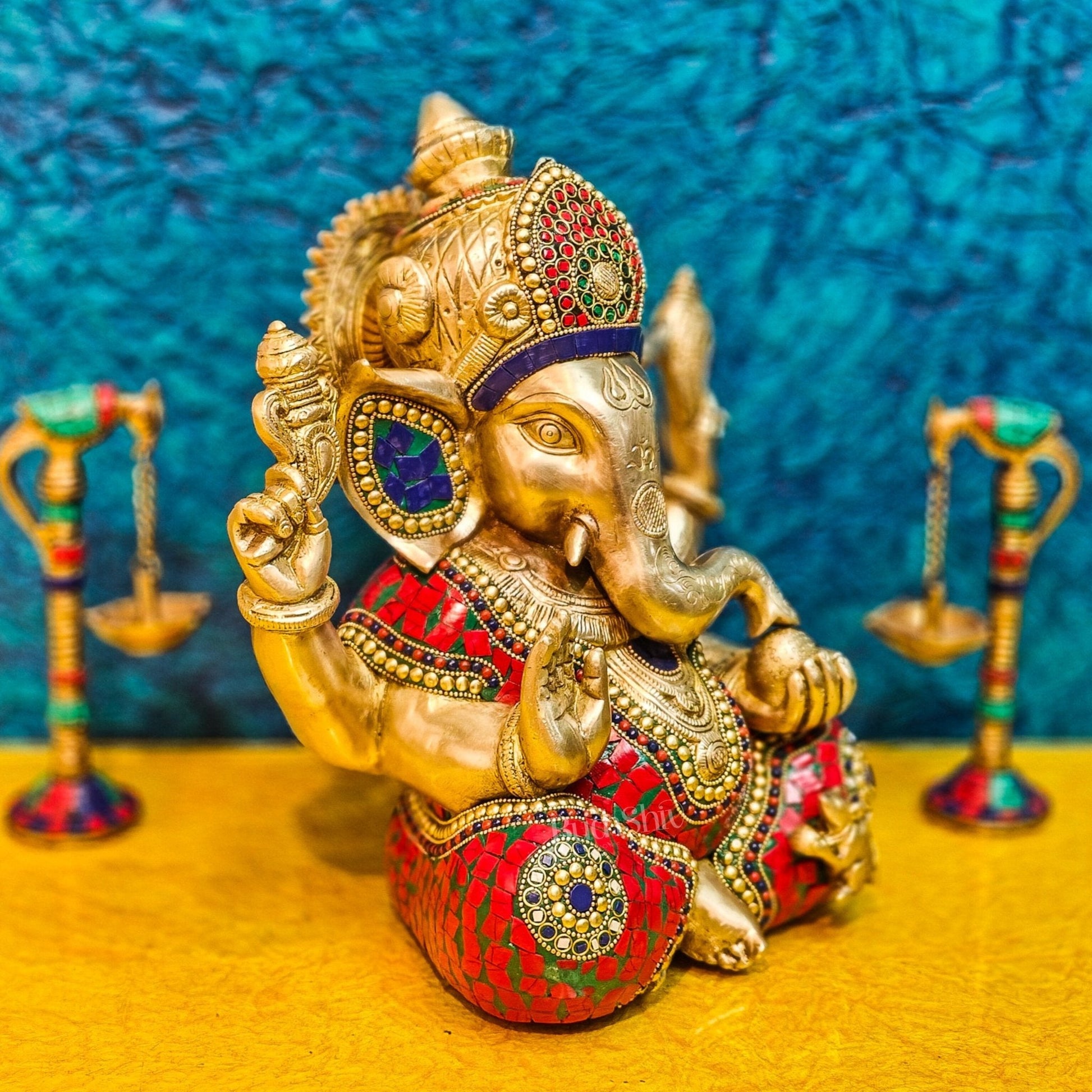 Ganapati Brass Idol with Mosaic Stonework - 12" Height
