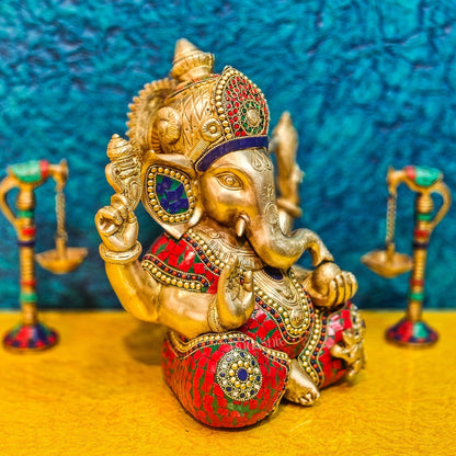 Ganapati Brass Idol with Mosaic Stonework - 12" Height