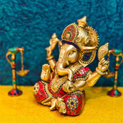 Ganapati Brass Idol with Mosaic Stonework - 12" Height