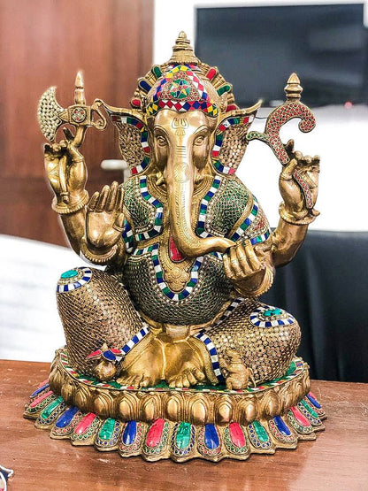 Finely Handcrafted Lord Ganesha Statue on Engraved Base with Natural Stones – 22 Inch
