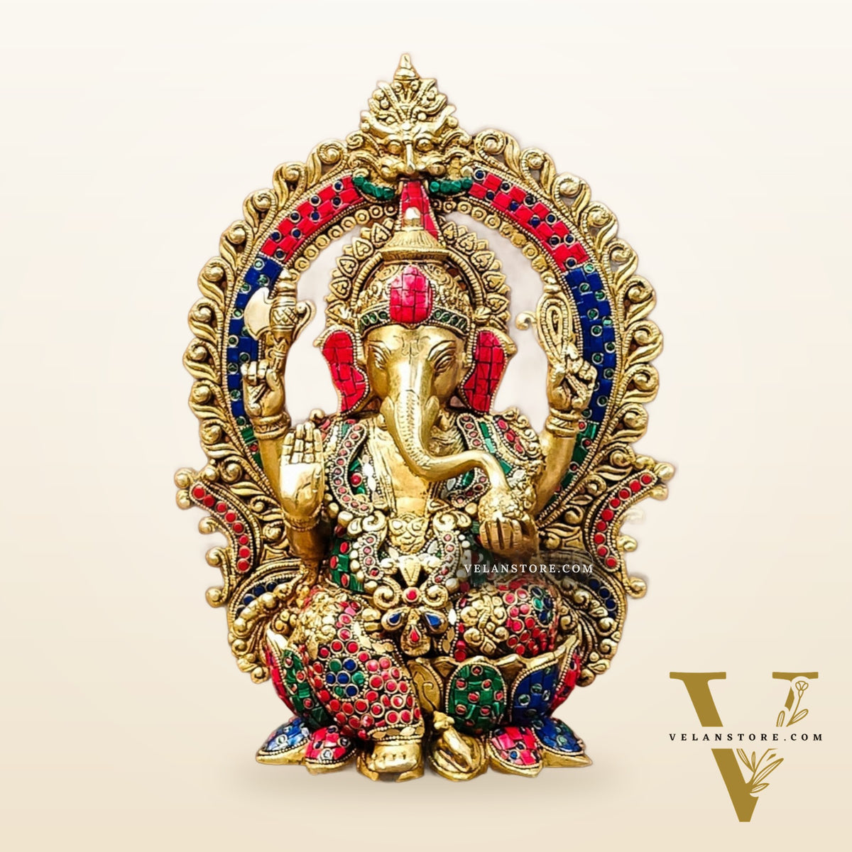 Ganapati Brass statue with Stonework 15 inch mosaic stone