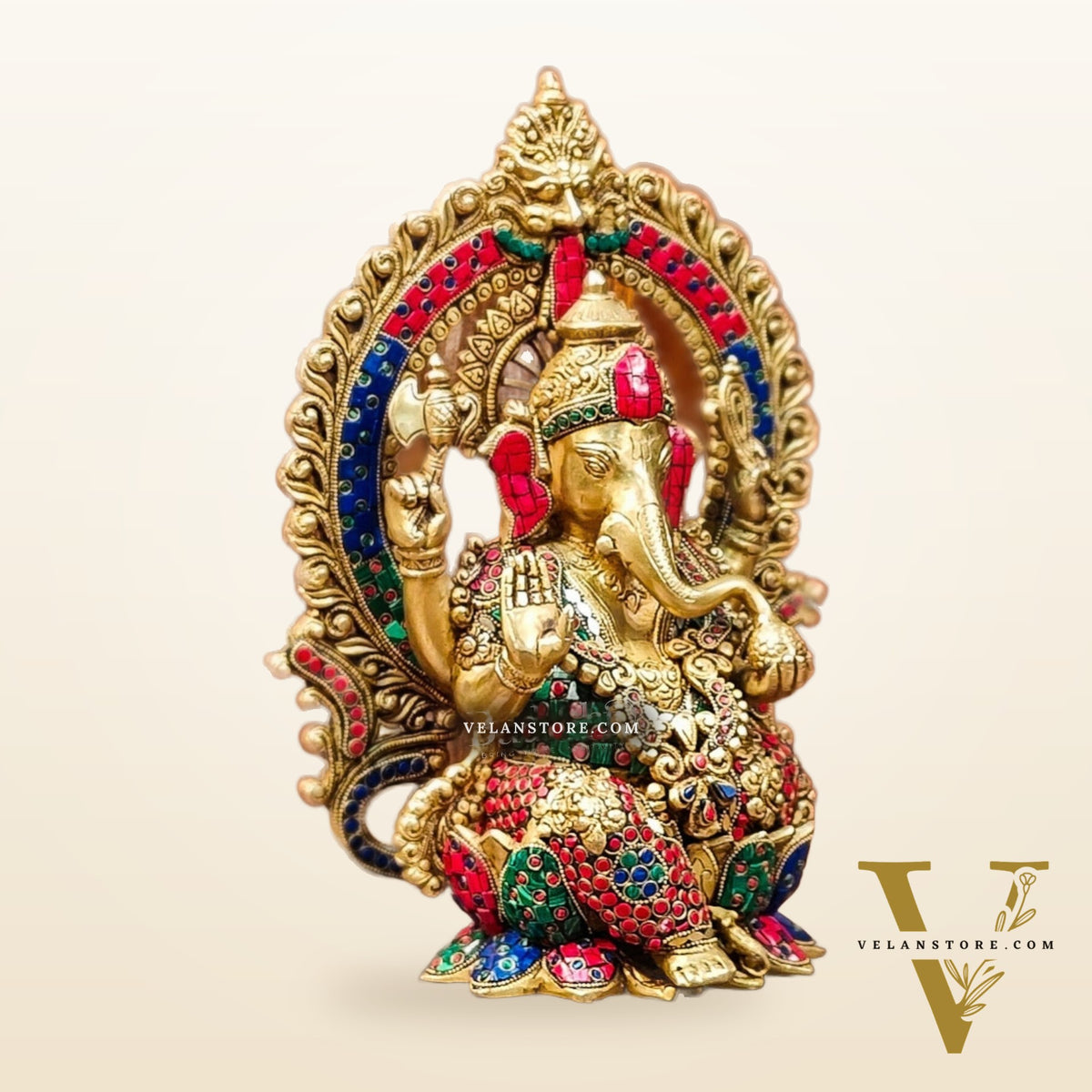 Ganapati Brass statue with Stonework 15 inch mosaic stone