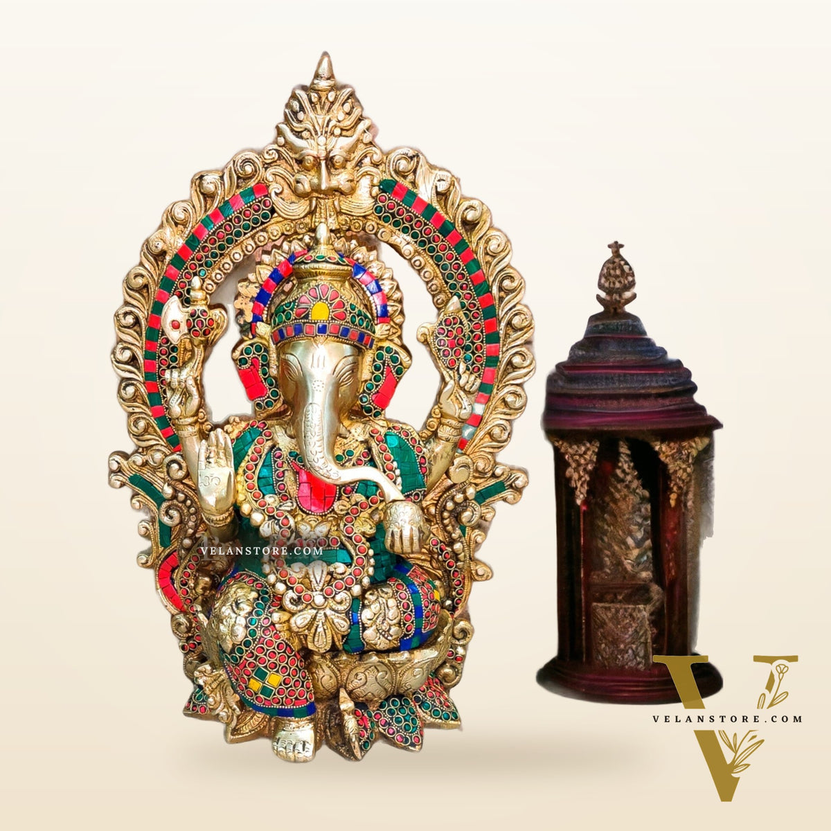 Ganapati Brass statue with Stonework 15 inch unique stonework