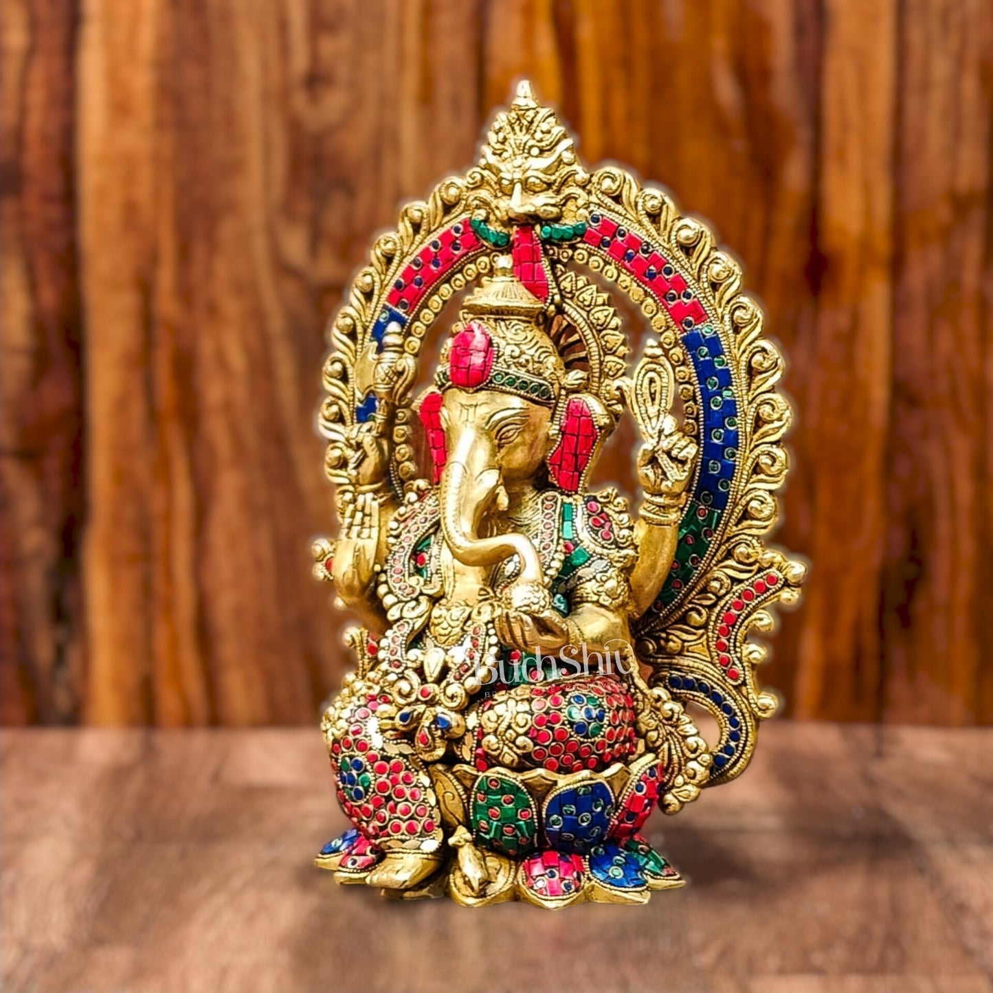 Ganapati Brass statue with Stonework 15 inch mosaic stone